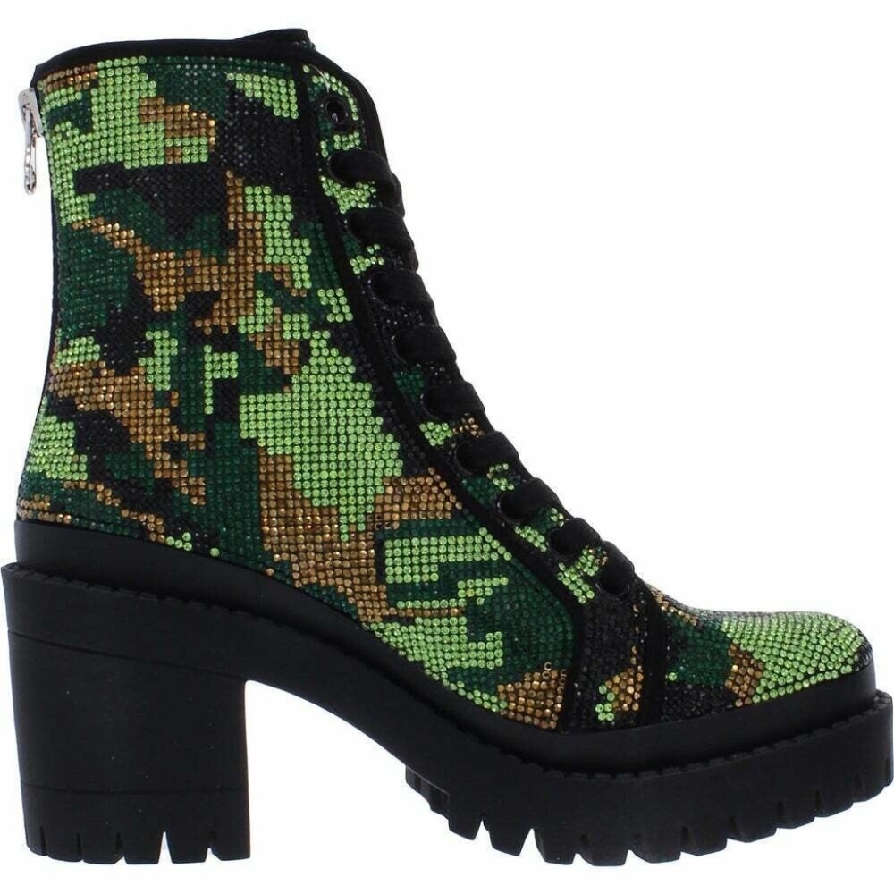Steve Madden Pass Camo Multi Women Block Heel Combat Boots Embellished 9.5